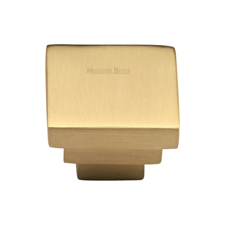 This is an image of a Heritage Brass - Cabinet Knob Square Stepped Design 32mm Satin Brass Finish, c3672-32-sb that is available to order from T.H Wiggans Ironmongery in Kendal.