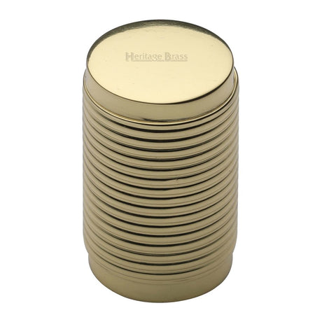 This is an image of a Heritage Brass - Cabinet Knob Cylindric Ribbed Design 21mm Polished Brass Finish, c3850-pb that is available to order from T.H Wiggans Ironmongery in Kendal.