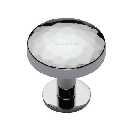 This is an image of a Heritage Brass - Cabinet Knob Round Hammered Design with Rose 32mm Polished Chrome F, c3876-32-pc that is available to order from T.H Wiggans Ironmongery in Kendal.