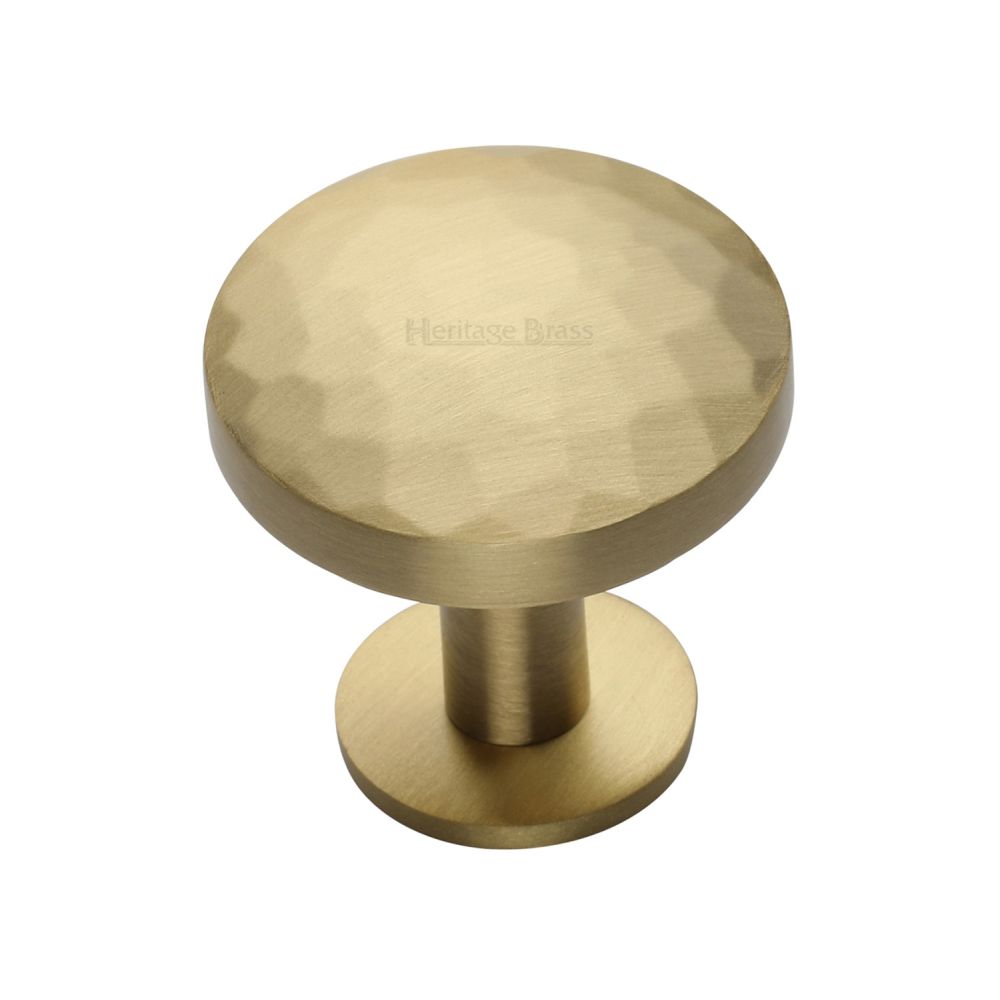 This is an image of a Heritage Brass - Cabinet Knob Round Hammered Design with Rose 32mm Satin Brass Fi, c3876-32-sb that is available to order from T.H Wiggans Ironmongery in Kendal.