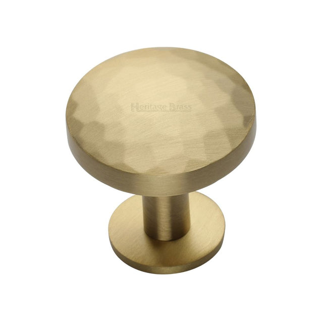 This is an image of a Heritage Brass - Cabinet Knob Round Hammered Design with Rose 32mm Satin Brass Fi, c3876-32-sb that is available to order from T.H Wiggans Ironmongery in Kendal.