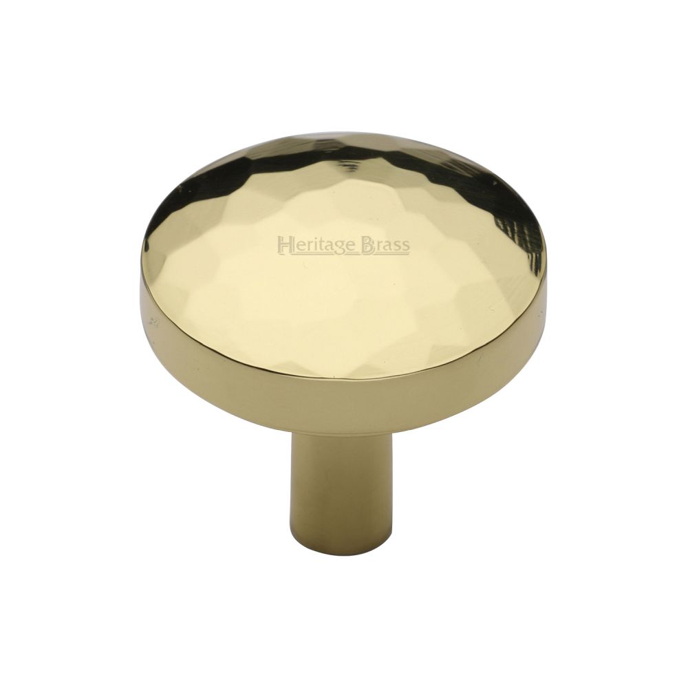 This is an image of a Heritage Brass - Cabinet Knob Round Hammered Design 32mm Polished Brass Finish, c3877-32-pb that is available to order from T.H Wiggans Ironmongery in Kendal.