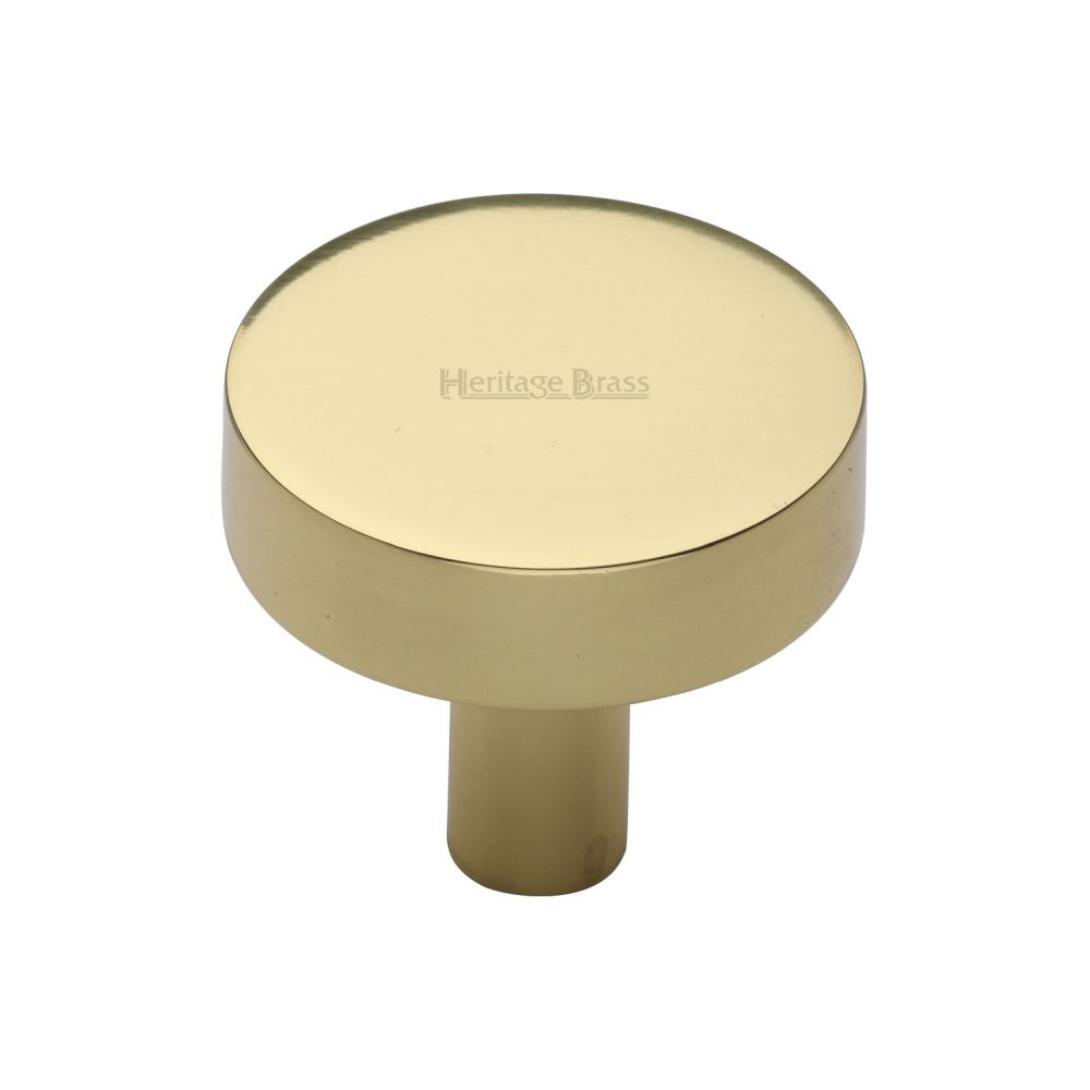 This is an image of a Heritage Brass - Cabinet Knob Disc Design 32mm Polished Brass Finish, c3880-32-pb that is available to order from T.H Wiggans Ironmongery in Kendal.