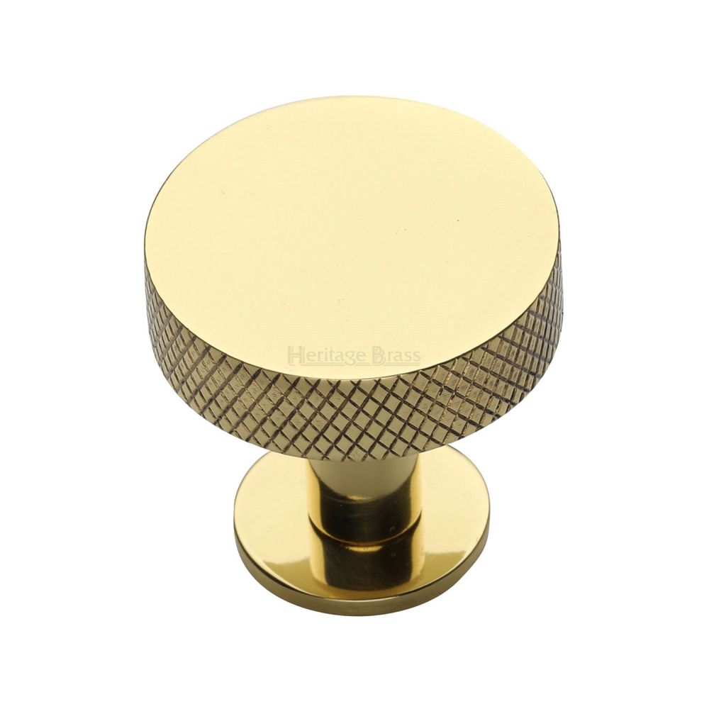 This is an image of a Heritage Brass - Cabinet Knob Disc Knurled Design with Rose 32mm Polished Brass Fini, c3882-32-pb that is available to order from T.H Wiggans Ironmongery in Kendal.