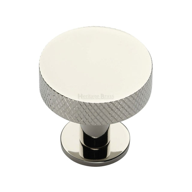 This is an image of a Heritage Brass - Cabinet Knob Disc Knurled Design with Rose 32mm Polished Nickel Fin, c3882-32-pnf that is available to order from T.H Wiggans Ironmongery in Kendal.