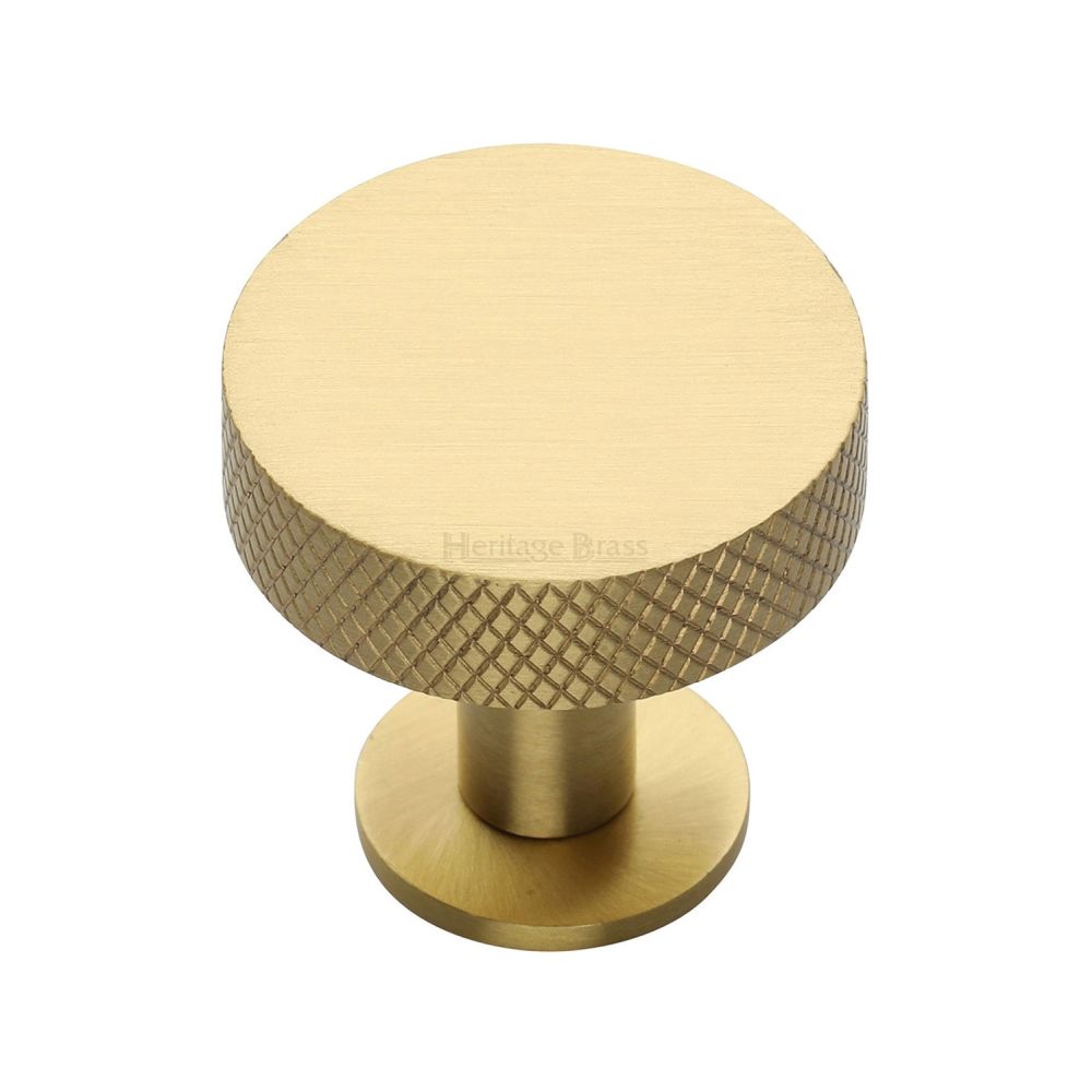 This is an image of a Heritage Brass - Cabinet Knob Disc Knurled Design with Rose 32mm Satin Brass Fini, c3882-32-sb that is available to order from T.H Wiggans Ironmongery in Kendal.