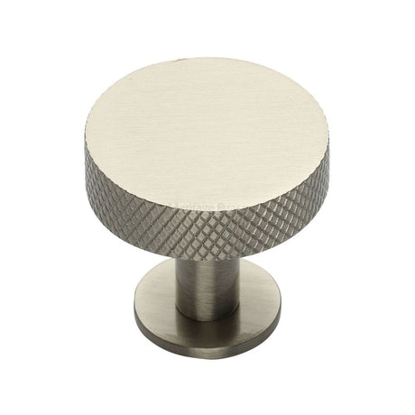 This is an image of a Heritage Brass - Cabinet Knob Disc Knurled Design with Rose 32mm Satin Nickel Fin, c3882-32-sn that is available to order from T.H Wiggans Ironmongery in Kendal.