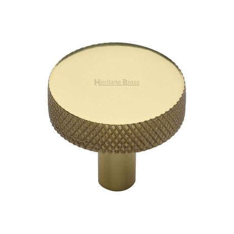 This is an image of a Heritage Brass - Cabinet Knob Knurled Disc Design 32mm Polished Brass Finish, c3884-32-pb that is available to order from T.H Wiggans Ironmongery in Kendal.