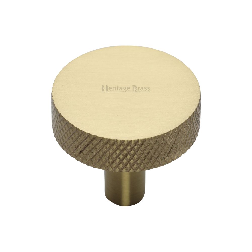This is an image of a Heritage Brass - Cabinet Knob Knurled Disc Design 32mm Satin Brass Finish, c3884-32-sb that is available to order from T.H Wiggans Ironmongery in Kendal.