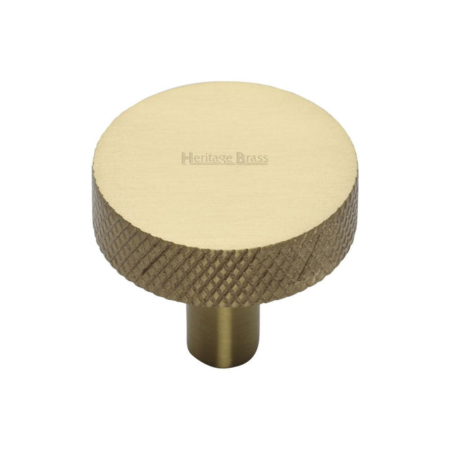 This is an image of a Heritage Brass - Cabinet Knob Knurled Disc Design 32mm Satin Brass Finish, c3884-32-sb that is available to order from T.H Wiggans Ironmongery in Kendal.