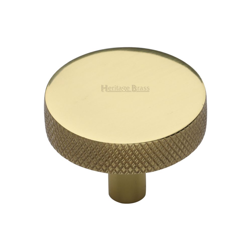 This is an image of a Heritage Brass - Cabinet Knob Knurled Disc Design 38mm Polished Brass Finish, c3884-38-pb that is available to order from T.H Wiggans Ironmongery in Kendal.
