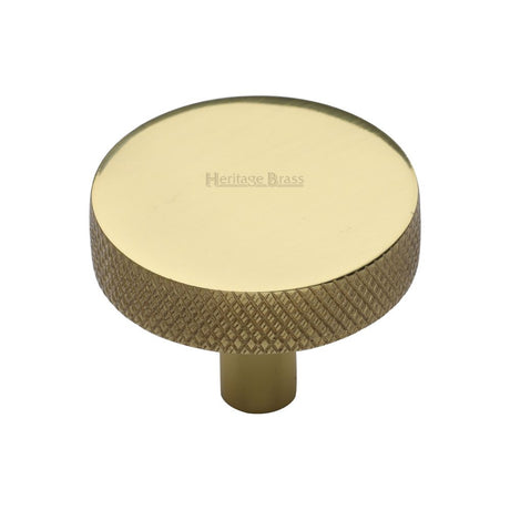 This is an image of a Heritage Brass - Cabinet Knob Knurled Disc Design 38mm Polished Brass Finish, c3884-38-pb that is available to order from T.H Wiggans Ironmongery in Kendal.