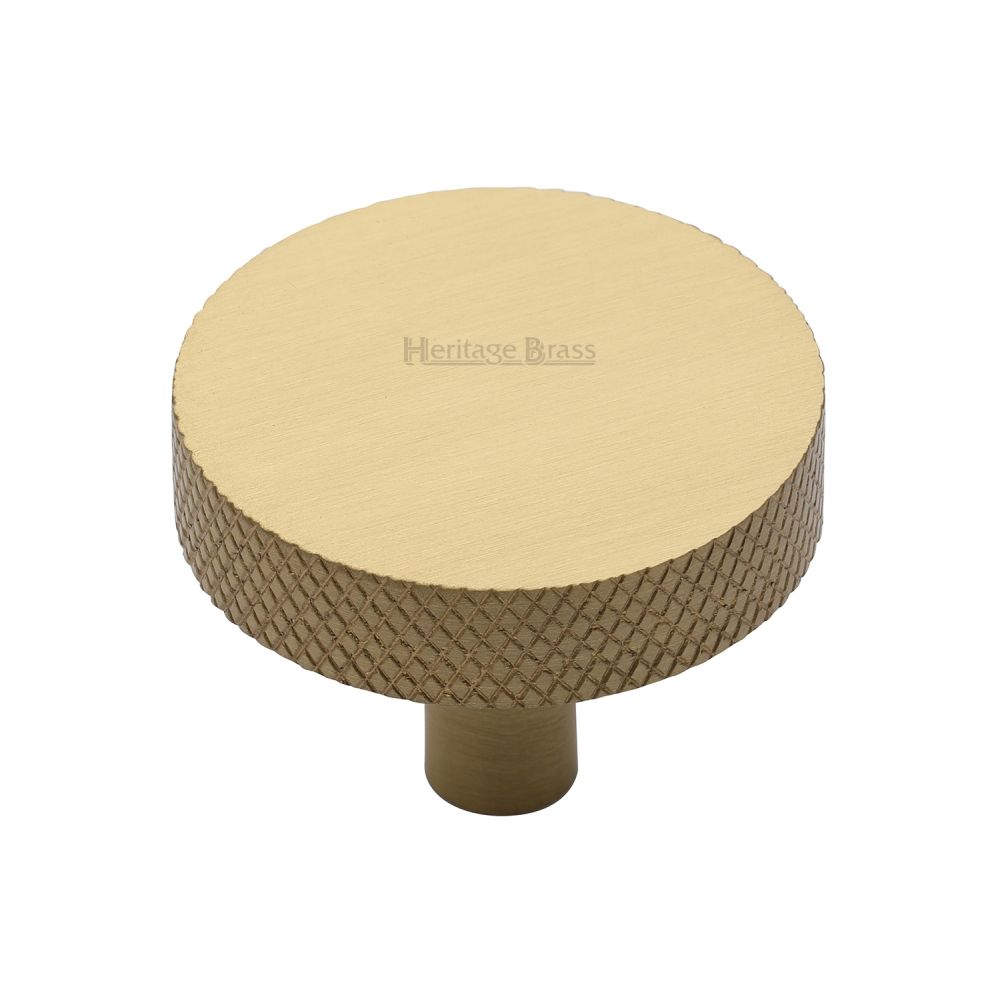 This is an image of a Heritage Brass - Cabinet Knob Knurled Disc Design 38mm Satin Brass Finish, c3884-38-sb that is available to order from T.H Wiggans Ironmongery in Kendal.