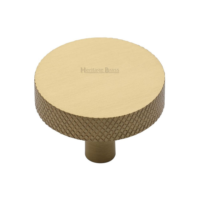 This is an image of a Heritage Brass - Cabinet Knob Knurled Disc Design 38mm Satin Brass Finish, c3884-38-sb that is available to order from T.H Wiggans Ironmongery in Kendal.