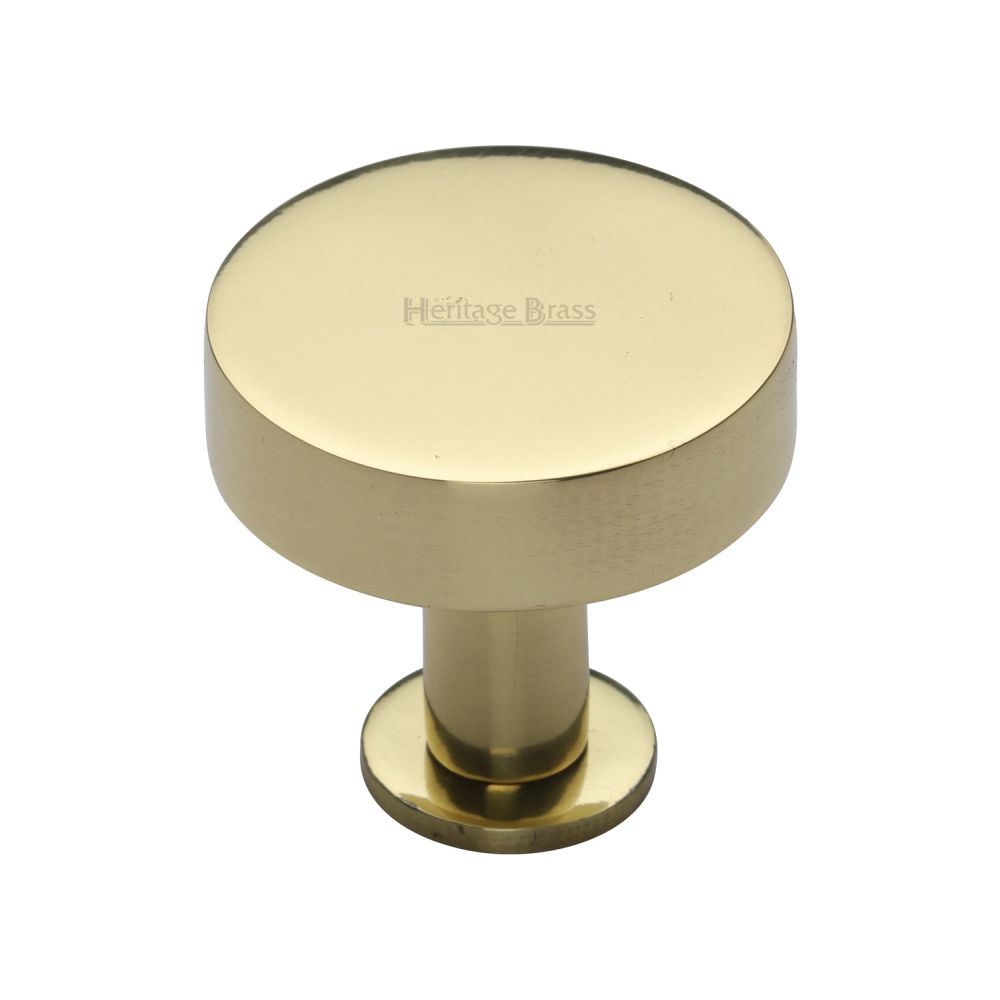 This is an image of a Heritage Brass - Cabinet Knob Disc Design with Rose 32mm Polished Brass Finish, c3885-32-pb that is available to order from T.H Wiggans Ironmongery in Kendal.