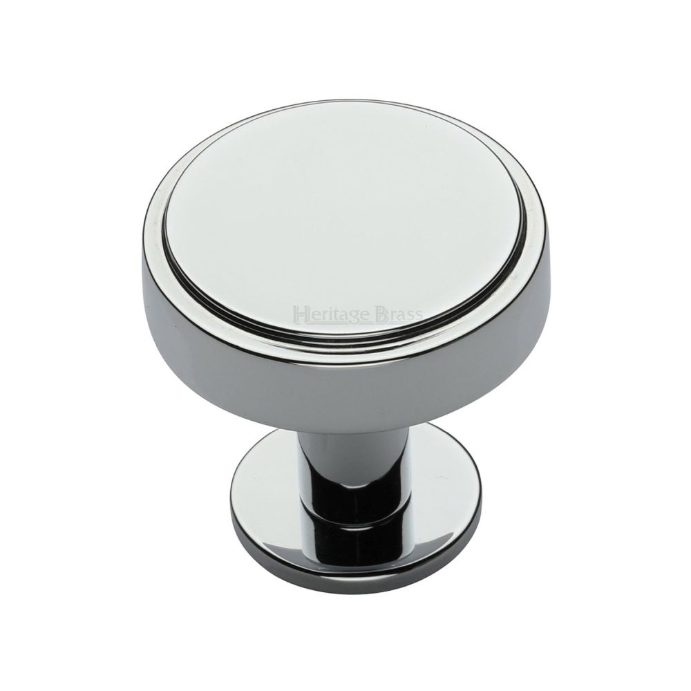 This is an image of a Heritage Brass - Cabinet Knob Stepped Disc Design with Rose 32mm Polished Chrome Fin, c3954-32-pc that is available to order from T.H Wiggans Ironmongery in Kendal.