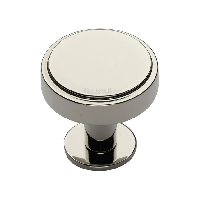 This is an image of a Heritage Brass - Cabinet Knob Stepped Disc Design with Rose 32mm Polished Nickel Fin, c3954-32-pnf that is available to order from T.H Wiggans Ironmongery in Kendal.