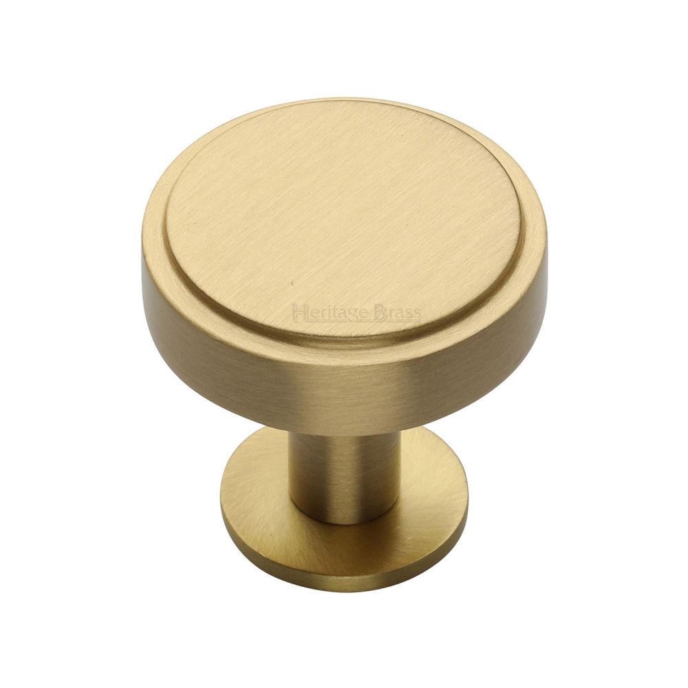 This is an image of a Heritage Brass - Cabinet Knob Stepped Disc Design with Rose 32mm Satin Brass Fini, c3954-32-sb that is available to order from T.H Wiggans Ironmongery in Kendal.