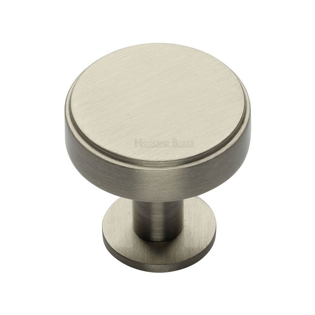 This is an image of a Heritage Brass - Cabinet Knob Stepped Disc Design with Rose 32mm Satin Nickel Fin, c3954-32-sn that is available to order from T.H Wiggans Ironmongery in Kendal.
