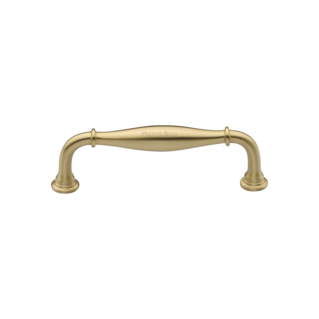 This is an image of a Heritage Brass - Cabinet Pull Henley Traditional Design 102mm CTC Satin Brass Fin, c3960-102-sb that is available to order from T.H Wiggans Ironmongery in Kendal.