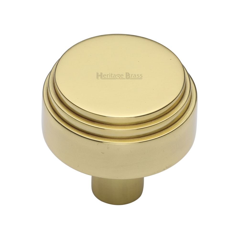 This is an image of a Heritage Brass - Cabinet Knob Round Deco Design 32mm Polished Brass Finish, c3987-32-pb that is available to order from T.H Wiggans Ironmongery in Kendal.
