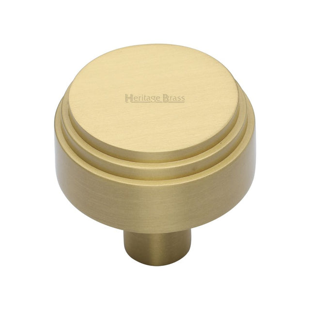 This is an image of a Heritage Brass - Cabinet Knob Round Deco Design 32mm Satin Brass Finish, c3987-32-sb that is available to order from T.H Wiggans Ironmongery in Kendal.