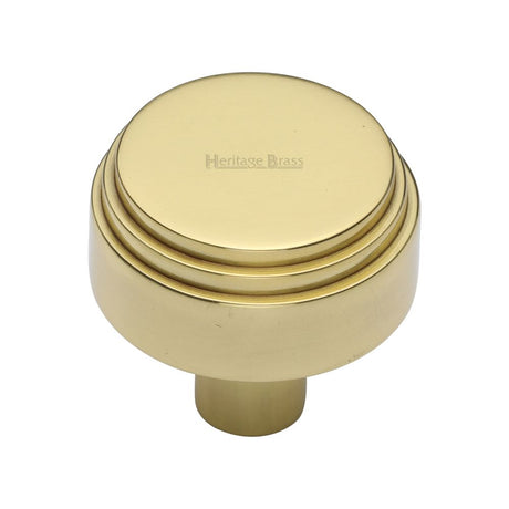 This is an image of a Heritage Brass - Cabinet Knob Round Deco Design 38mm Polished Brass Finish, c3987-38-pb that is available to order from T.H Wiggans Ironmongery in Kendal.