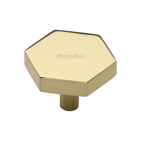 This is an image of a Heritage Brass - Cabinet Knob Hexagon Design 38mm Polished Brass Finish, c4344-38-pb that is available to order from T.H Wiggans Ironmongery in Kendal.