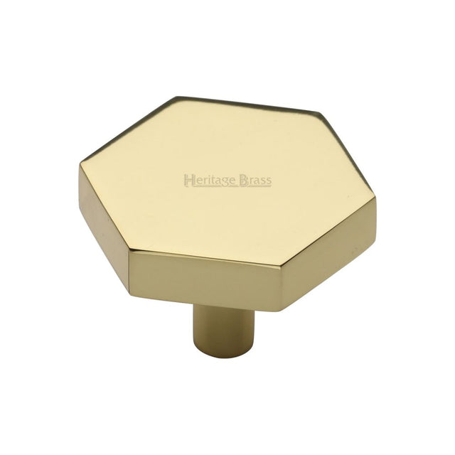 This is an image of a Heritage Brass - Cabinet Knob Hexagon Design 38mm Polished Brass Finish, c4344-38-pb that is available to order from T.H Wiggans Ironmongery in Kendal.