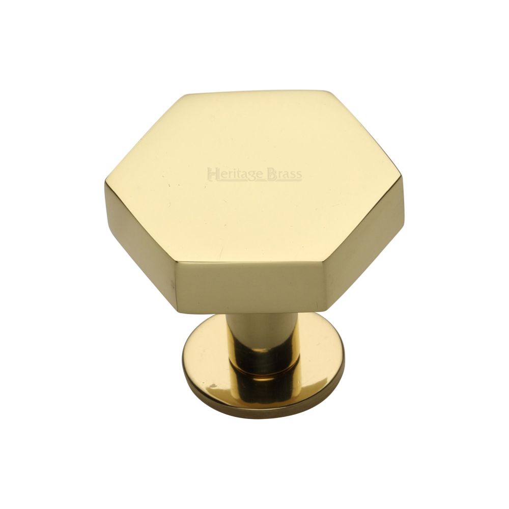 This is an image of a Heritage Brass - Cabinet Knob Hexagon Design with Rose 32mm Polished Brass Finish, c4345-32-pb that is available to order from T.H Wiggans Ironmongery in Kendal.