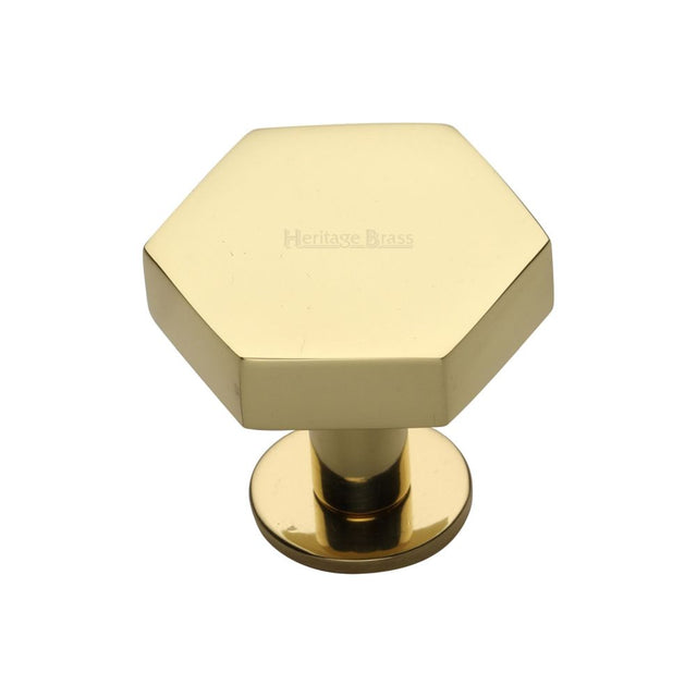 This is an image of a Heritage Brass - Cabinet Knob Hexagon Design with Rose 32mm Polished Brass Finish, c4345-32-pb that is available to order from T.H Wiggans Ironmongery in Kendal.