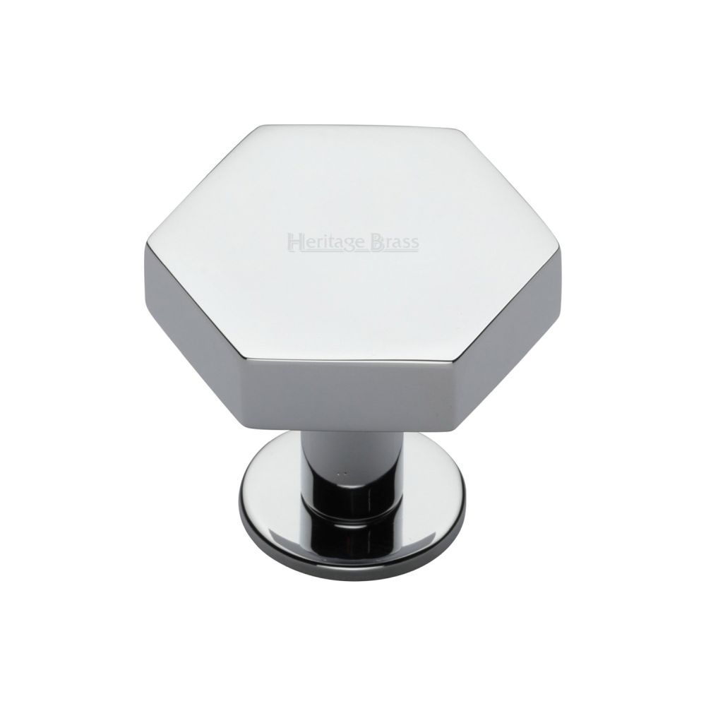 This is an image of a Heritage Brass - Cabinet Knob Hexagon Design with Rose 32mm Polished Chrome Finish, c4345-32-pc that is available to order from T.H Wiggans Ironmongery in Kendal.