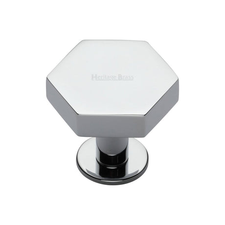 This is an image of a Heritage Brass - Cabinet Knob Hexagon Design with Rose 32mm Polished Chrome Finish, c4345-32-pc that is available to order from T.H Wiggans Ironmongery in Kendal.