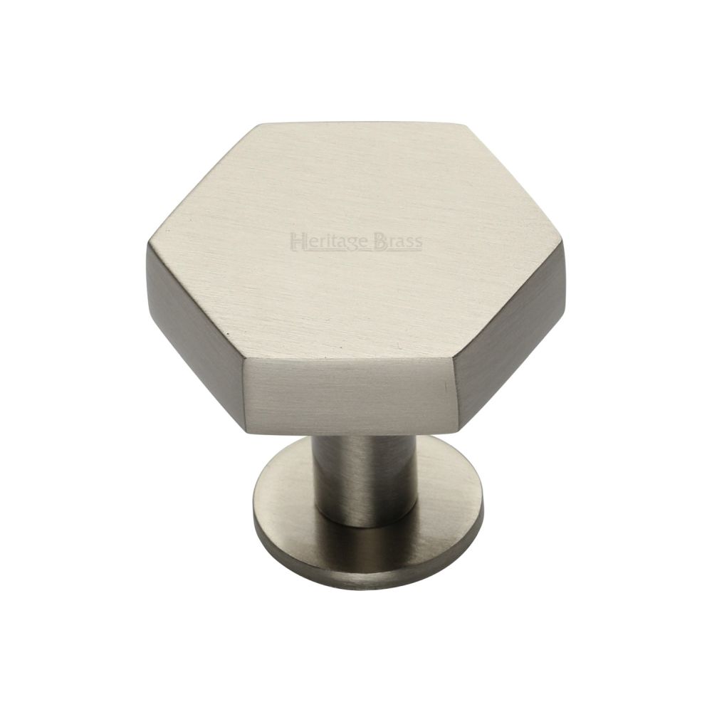 This is an image of a Heritage Brass - Cabinet Knob Hexagon Design with Rose 32mm Satin Nickel Finish, c4345-32-sn that is available to order from T.H Wiggans Ironmongery in Kendal.