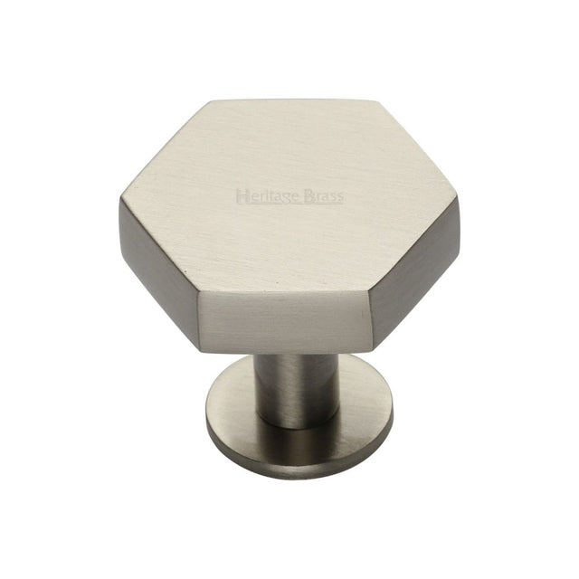 This is an image of a Heritage Brass - Cabinet Knob Hexagon Design with Rose 32mm Satin Nickel Finish, c4345-32-sn that is available to order from T.H Wiggans Ironmongery in Kendal.