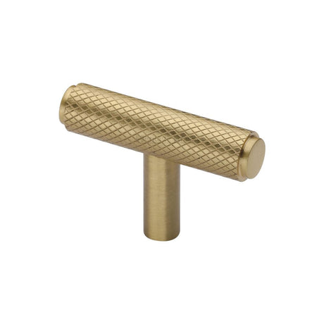 This is an image of a Heritage Brass - Cabinet Knob Knurled T-Bar Design 45mm Satin Brass Finish, c4415-sb that is available to order from T.H Wiggans Ironmongery in Kendal.
