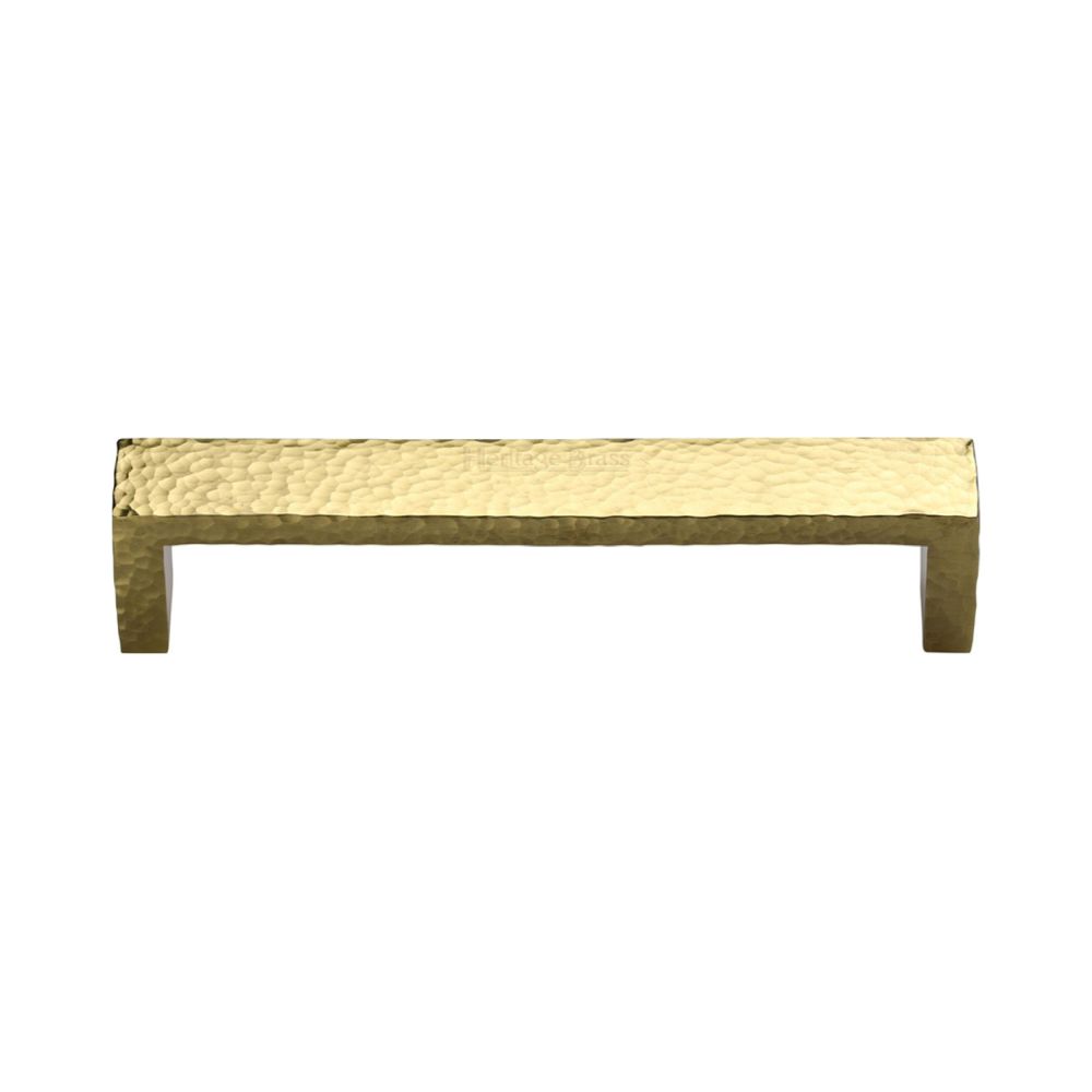 This is an image of a Heritage Brass - Cabinet Pull Hammered Wide Metro Design 128mm CTC Polished Brass Fi, c4525-128-pb that is available to order from T.H Wiggans Ironmongery in Kendal.