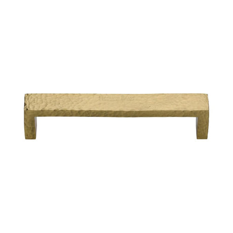 This is an image of a Heritage Brass - Cabinet Pull Hammered Wide Metro Design 128mm CTC Satin Brass Fi, c4525-128-sb that is available to order from T.H Wiggans Ironmongery in Kendal.