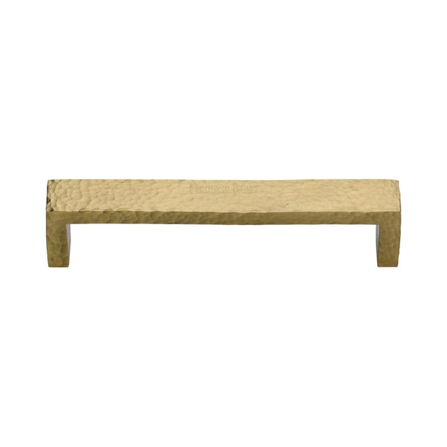 This is an image of a Heritage Brass - Cabinet Pull Hammered Wide Metro Design 128mm CTC Satin Brass Fi, c4525-128-sb that is available to order from T.H Wiggans Ironmongery in Kendal.