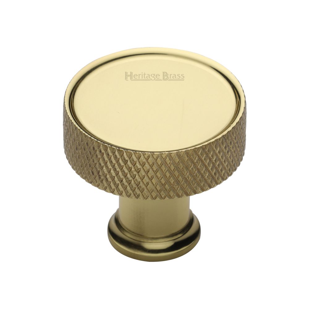 This is an image of a Heritage Brass - Cabinet Knob Florence Knurled Design 32mm Polished Brass Finish, c4648-32-pb that is available to order from T.H Wiggans Ironmongery in Kendal.