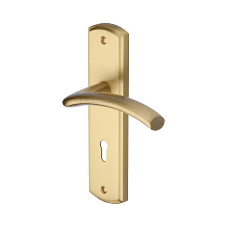 This is an image of a Heritage Brass - Door Handle Lever Lock Centaur Design Satin Brass Finish, cen1000-sb that is available to order from T.H Wiggans Ironmongery in Kendal.