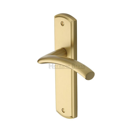 This is an image of a Heritage Brass - Door Handle Lever Latch Centaur Design Satin Brass Finish, cen1010-sb that is available to order from T.H Wiggans Ironmongery in Kendal.