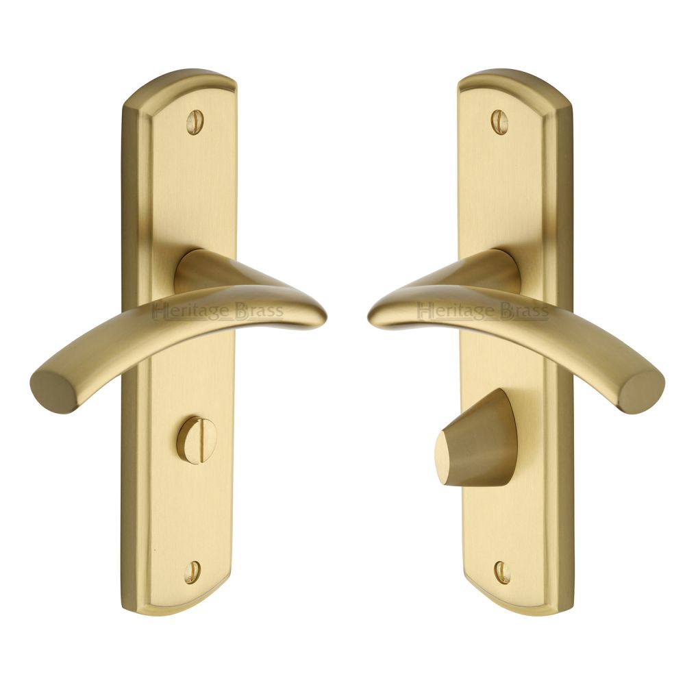 This is an image of a Heritage Brass - Door Handle for Bathroom Centaur Design Satin Brass Finish, cen1030-sb that is available to order from T.H Wiggans Ironmongery in Kendal.