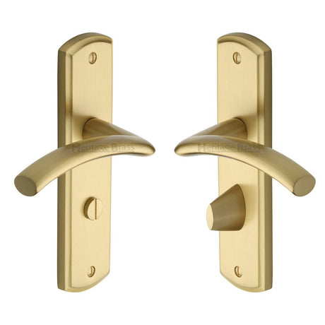 This is an image of a Heritage Brass - Door Handle for Bathroom Centaur Design Satin Brass Finish, cen1030-sb that is available to order from T.H Wiggans Ironmongery in Kendal.