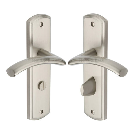 This is an image of a Heritage Brass - Door Handle for Bathroom Centaur Design Satin Nickel Finish, cen1030-sn that is available to order from T.H Wiggans Ironmongery in Kendal.