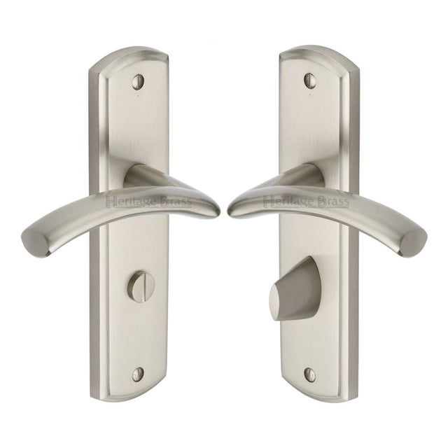 This is an image of a Heritage Brass - Door Handle for Bathroom Centaur Design Satin Nickel Finish, cen1030-sn that is available to order from T.H Wiggans Ironmongery in Kendal.