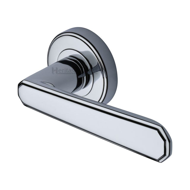 This is an image of a Heritage Brass - Door Handle Lever Latch on Round Rose Century Design Polished Chrom, cen1924-pc that is available to order from T.H Wiggans Ironmongery in Kendal.