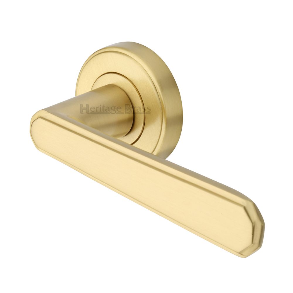 This is an image of a Heritage Brass - Door Handle Lever Latch on Round Rose Century Design Satin Brass, cen1924-sb that is available to order from T.H Wiggans Ironmongery in Kendal.