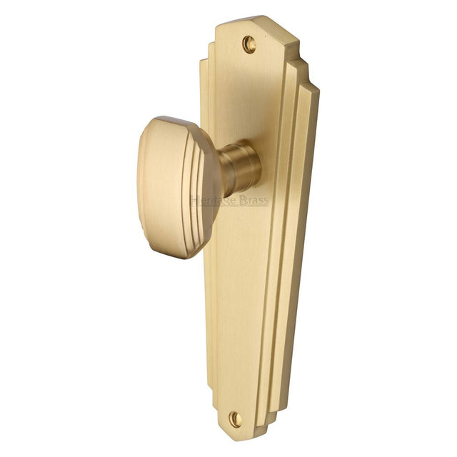 This is an image of a Heritage Brass - Mortice Knob on Latch Plate Charlston Design Satin Brass Finish, cha1910-sb that is available to order from T.H Wiggans Ironmongery in Kendal.