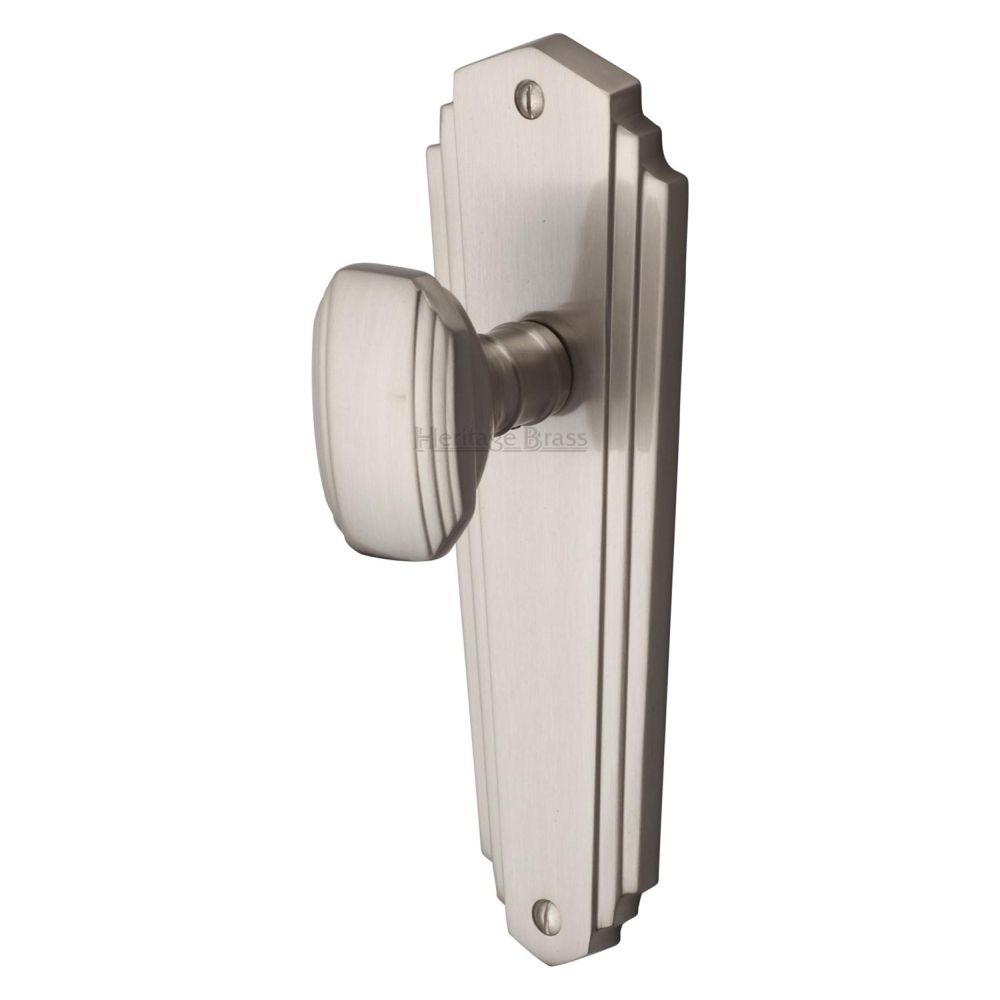 This is an image of a Heritage Brass - Mortice Knob on Latch Plate Charlston Design Satin Nickel Finish, cha1910-sn that is available to order from T.H Wiggans Ironmongery in Kendal.